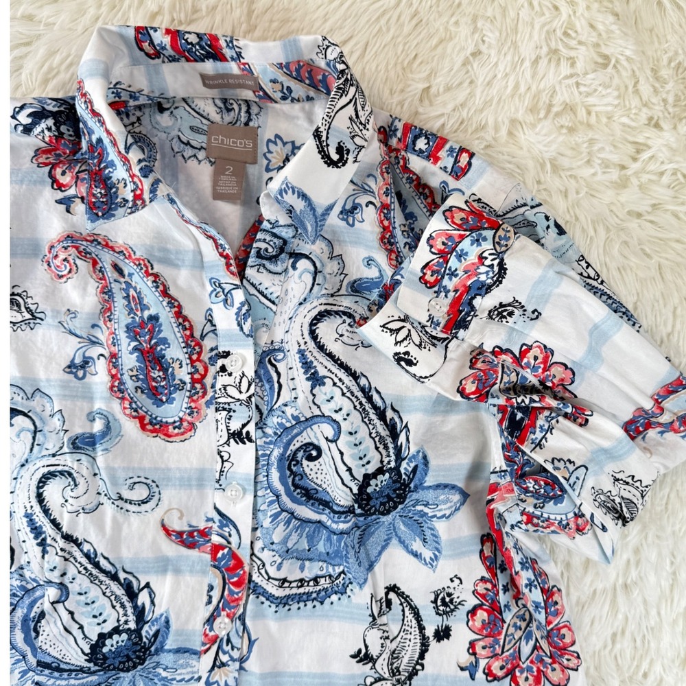 Chico's Paisley‎ Button Down Wrinkle Resistant Blouse 3/4 Sleeve Large Preppy
